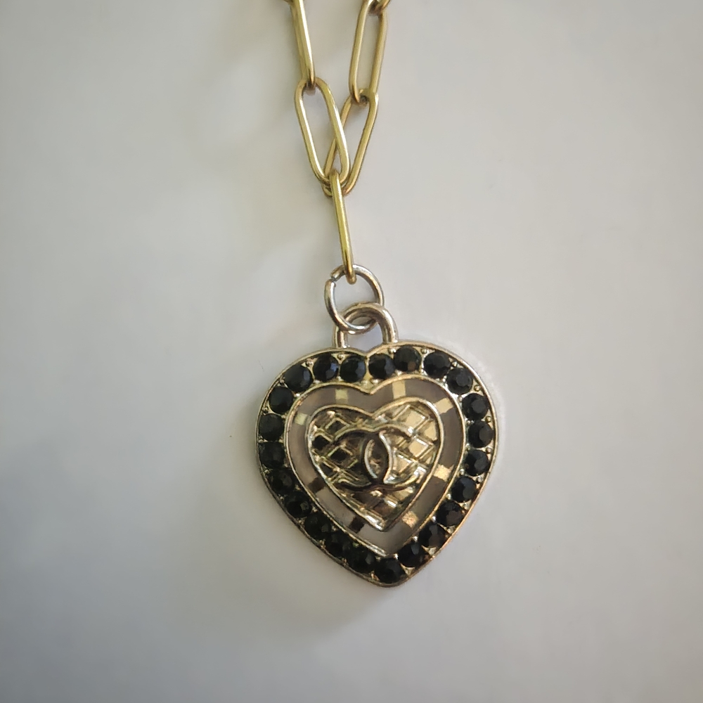 Gold and Black Heart Chanel Upcycled Pendant Necklace